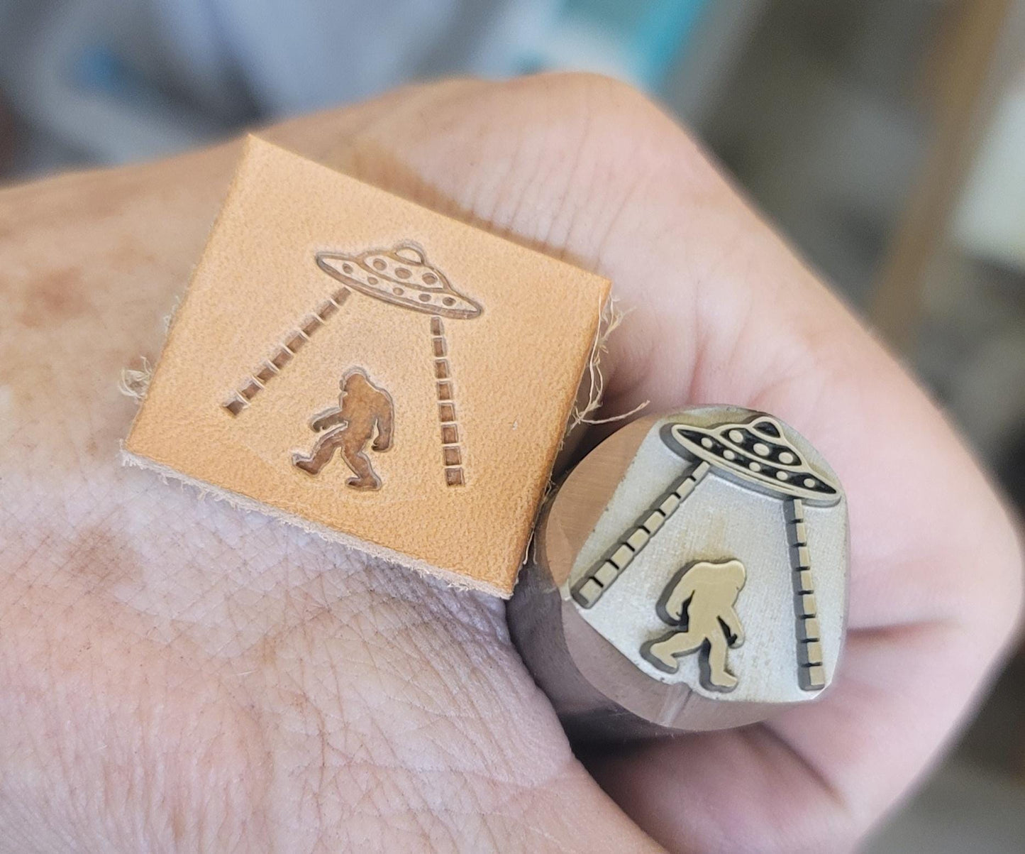 Sasquatch abducted by Aliens - Metal Stamp