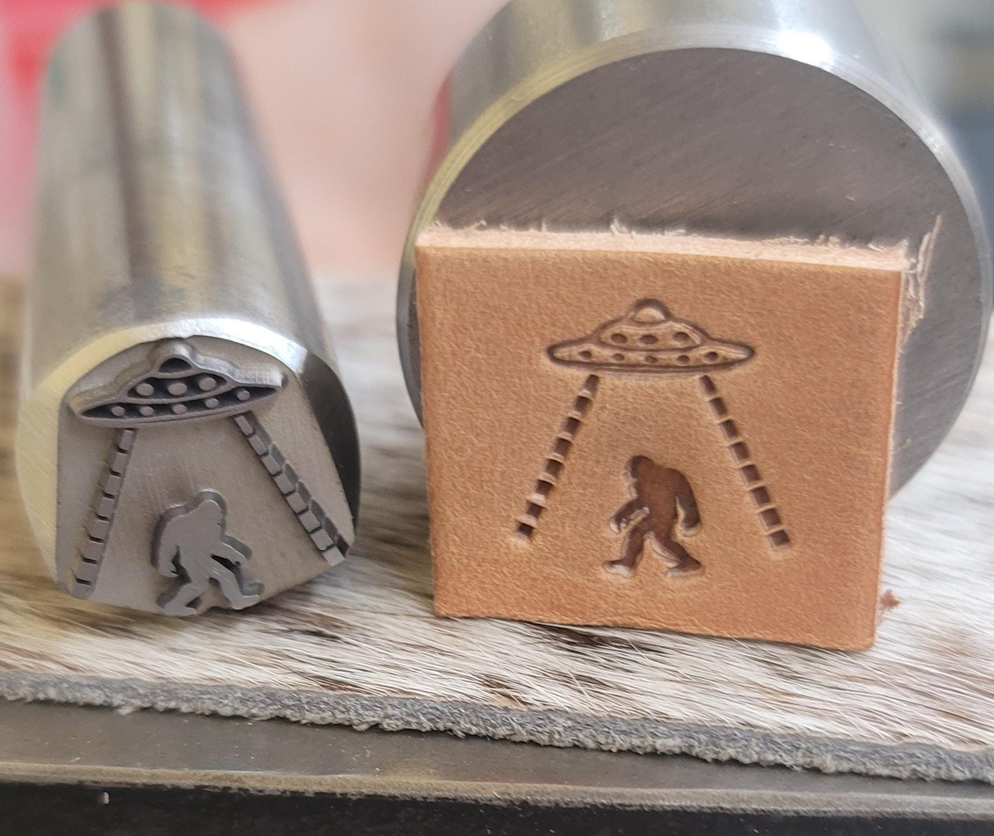Sasquatch abducted by Aliens - Metal Stamp